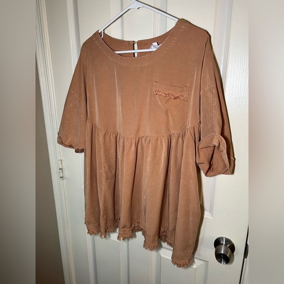 Sewn + Seen Washed Brown Babydoll Peplum Top Raw Hem Pocket Size L - Picture 7 of 9